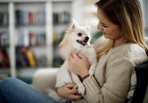 Picture of a woman relaxing at home with her dog.